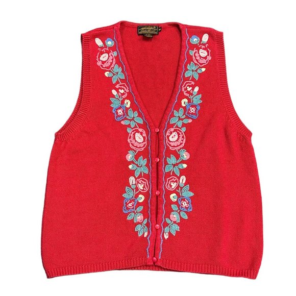 Vintage Eddie Bauer Womens M Red Sweater Button Vest Embroidered Cottagecore y2k - Picture 15 of 15